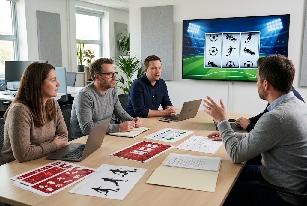 Utvecklingsteam diskuterar ett fotbollsinspirerat slotspel
