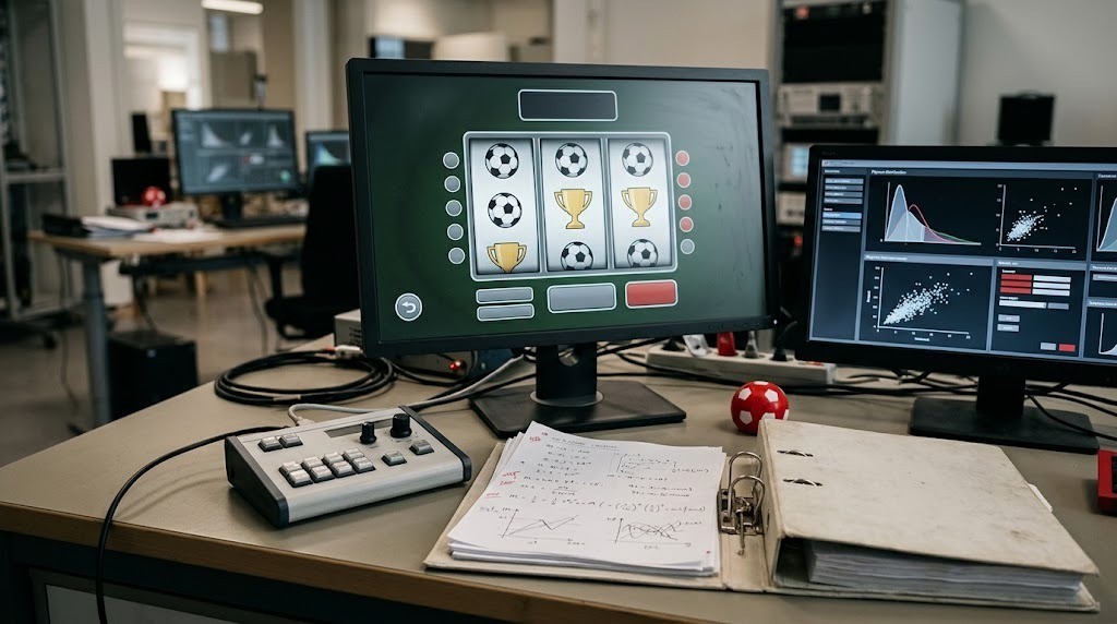 Fotbollsinspirerat slotspel och analysdata i en spelstudio